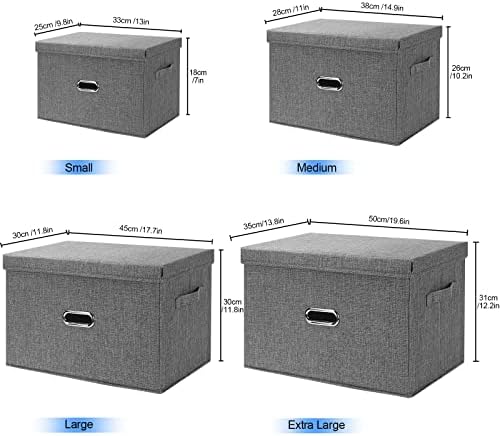 Large Linen Fabric Foldable Storage Bins with Removable Lid and Handles, Washable Storage Box Organizer Containers Baskets Cube with Cover for Bedroom,Office(Cream, Small)
