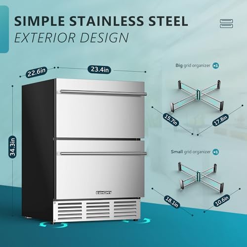 EUHOMY 24 Inch Under Counter Double Drawer Fridge, Outdoor Refrigerator