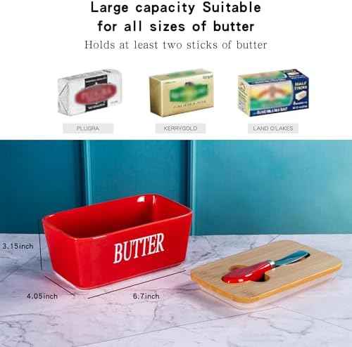 Red Butter Dish with Lid for Countertop, Large Ceramic Covered Butter Stick Holder Container for Fridge