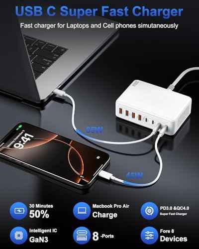 USB C Charger Block 200W, GaN USB Charging Station Hub 8-Port, PD 65W Laptop Fast Charger Power Adapter Compatible with MacBook Pro/Air,Dell,iPad,iPhone 16/15,S23/S24 Steam Deck etc