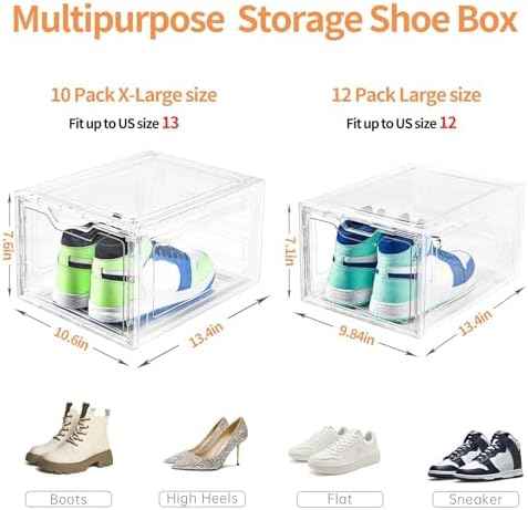 10 Pack Large Shoe Boxes Clear Plastic Stackable,Shoe Storage Organizer with Lids,Shoe Rack for Closet,Shoe Organizer and Shoe Containers for Sneaker Storage, Shoe Display Case Fit up to US Size 13
