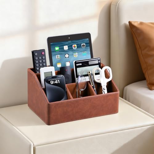 PU Leather Desk Organizer, Remote Control Holder, Brown