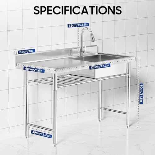 Free Standing Stainless Steel Kitchen Sink Single Bowl with Workbench & Storage Shelves, Commercial Utility Prep Sink for Restaurant Indoor Outdoor Use