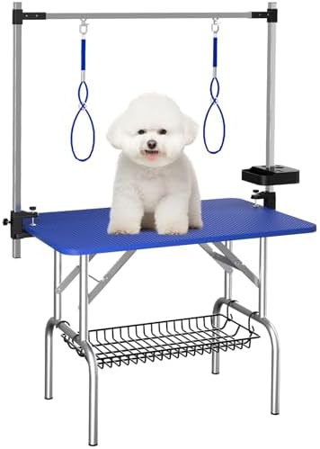 VFK 36''/47''Large Dog Grooming Table, Foldable Pet Station at Home, Dog Grooming Table,Adjustable Cat Drying Desktop with Arms, Nooses, Mesh Tray (Stainless Steel pet Table, 36" Blue)