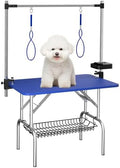 VFK 36''/47''Large Dog Grooming Table, Foldable Pet Station at Home, Dog Grooming Table,Adjustable Cat Drying Desktop with Arms, Nooses, Mesh Tray (Stainless Steel pet Table, 36" Blue)