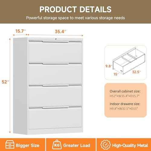 File Cabinet, 4 Drawer Metal File Cabinet with Lock, Lateral File Cabinet for Home and Office, Lateral File Cabinet for A4 Legal/Letter Size, Assembly Required (White, 4 Drawer)