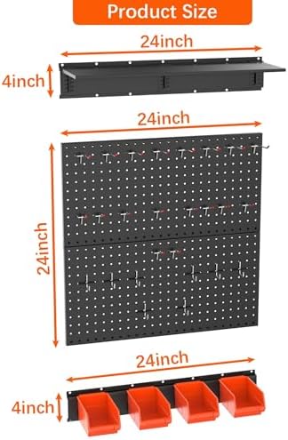 TORACK Garage Metal Pegboard with Accessories, Tools Organizer Peg Board with Pegboard Hooks, Wall Mounted Bins, Tool Storage Pegboards for Wall(Black)