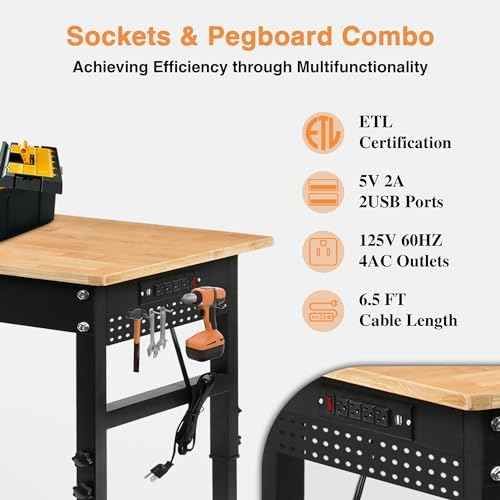Betterhood 70" Adjustable Height Workbench, 2000 LBS Heavy Duty Work Table with Power Outlets & Pegboard, Rubber Wood Workstation for Garage, Workshop, Office, Home, Commercial