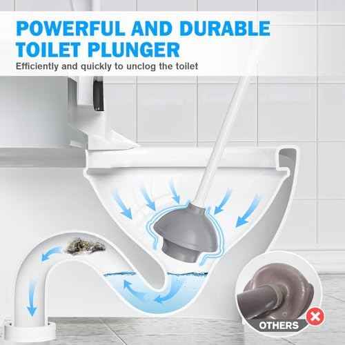 Toilet Plunger and Brush Set, Bowl Brush and Heavy Duty Toilet Plunger with Ventilated Holder, 2-in-1 Toilet Brush and Plunger Combo for 5.3-inch Toilet Drain Bathroom Deeply Cleaning(White & Grey)