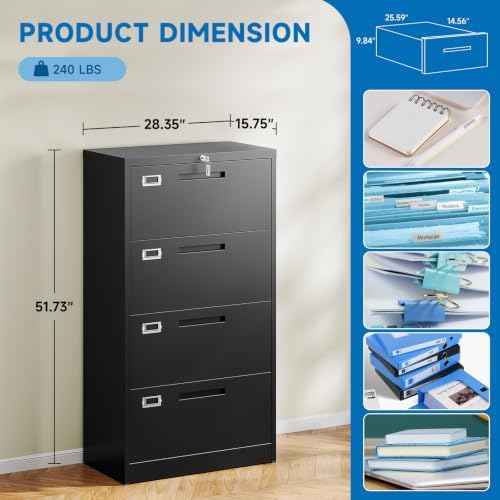 BYNSOE 4 Drawer Filing Cabinet with Lock Metal Lateral File Cabinet Office Home Steel Lateral File Cabinet for A4 Legal/Letter Size Wide Metal Cabinet Locked,Assembly Required (4 Drawer, Black)