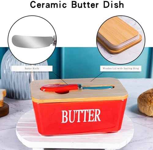 Red Butter Dish with Lid for Countertop, Large Ceramic Covered Butter Stick Holder Container for Fridge