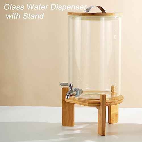 Glass Drink Dispenser with Stand,2.1 Gallons Wood Stand Cold Beverage Dispensers-Large Drink Dispensers For Parties,Bars,Restaurants
