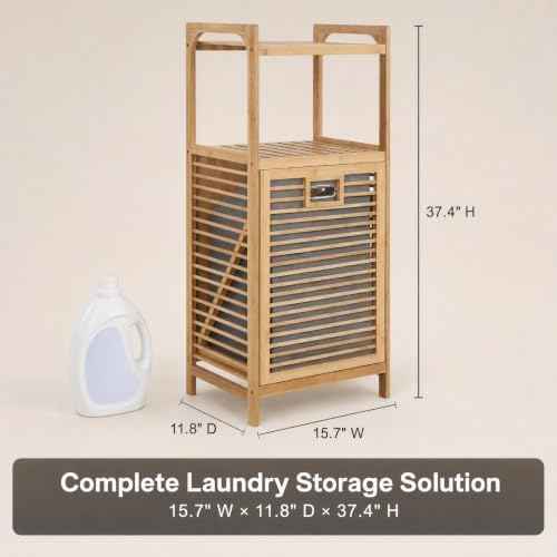 Tilt-Out Laundry Hamper Cabinet, Bamboo Laundry Basket Organizer with Removable Clothes Basket&2 Shelves, 3 Tier Pull Out Bathroom Storage Shelf Cabinet for Clothes