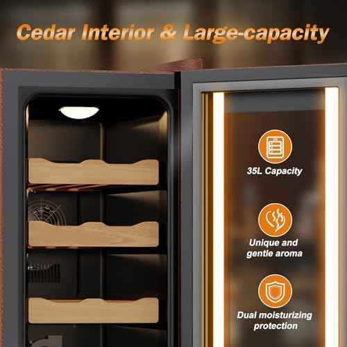 Cigar Humidor with Leather-35L Cooling & Heating Electric Humidor Cabinet, Smart Touch Control Humidity & Temper, Cigar Humidors wtih Spanish Cedar Wood, Digital Display, Safety Lock,Gift for Men
