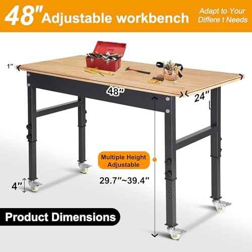 48" Adjustable Work Bench, Rubber Wood Top Workbench