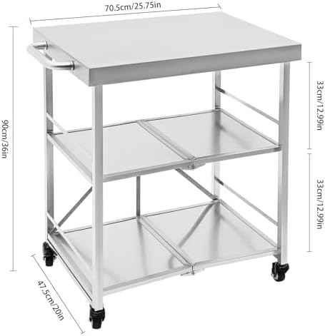3 Tiers Folding Stainless Steel Utility Service Cart with Wheels-Heavy Duty 660LBS Outdoor Stainless Grill Cart, Kitchen Utility Carts and Service Trolley Carts for Transporting Restaurant Supplies