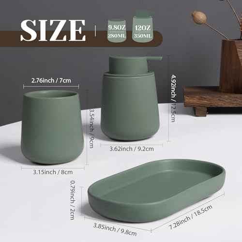 INGOFIN 3 Pcs Ceramic Bathroom Accessory Set - Liquid Soap Dispenser, Toothbrush Holder & Tray, Bathroom Counter Set, Countertop Essentials for Home, Guest Bathroom, or Office Use, Matte Green