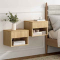 EYYTHUNG Small Floating Nightstand Set of 2, Modern Fluted Night Stand with Drawer and Open Storage Shelf Wall Mounted Bedside Tables Natural Oak