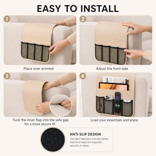 Armchair Caddy for Couch Remote Control Holder Recliner Armrest Organizer Non Slip Sofa Arm Chair Caddie with 6 Pocket Storage for Magazine, Tablet, Phone, iPad, Chocolate Leather white