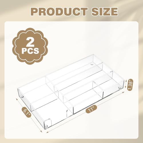 Briwooody 2 Pcs Clear Acrylic Desk Drawer Organizer 11 x 6 x 1.38 Inch Drawer Organizer Trays with 4 Compartments Desk Accessories for Office Makeup Silverware Bathroom