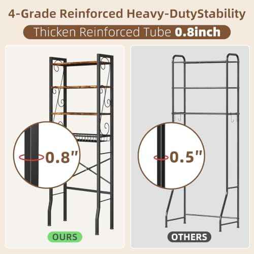 Over-The-Toilet Storage Rack 4-Tier,Bathroom Organizer Shelf Over Toilet,Adjustable Wooden Shelves and Basket,Freestanding Above Toilet Shelf,Space Saver for Rooms(Black Rack-Rustic Brown Shelves)