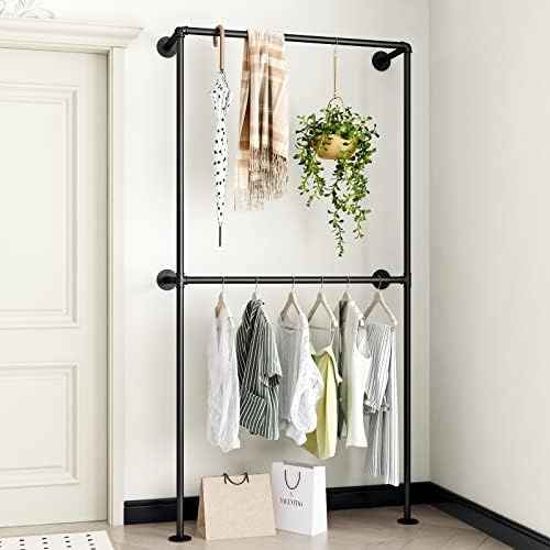 Industrial Pipe Clothing Rack Wall Mounted Garment Rack, Black Pipe Clothes Rack Retail Display Hanging Rod for Closet Storage, Laundry Room
