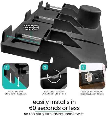 Modern Innovations Large Black Bedside Shelf for Bed, 1 Count Clip On Nightstand with Cup Holder and Cord Holder, College Dorm Bunk Bed Shelf for Top Bunk or Kids Bedroom