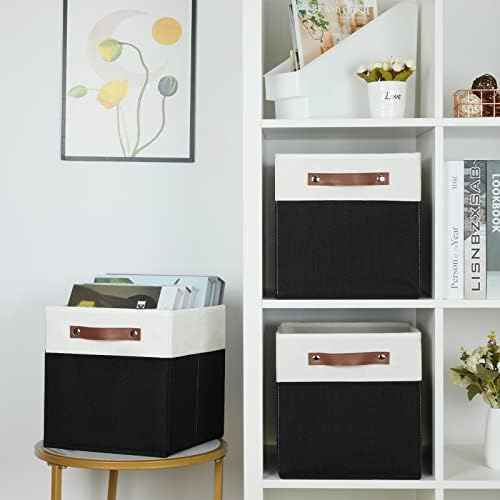 HNZIGE Cubes Storage Bins Set of 4,11 x 11 Fabric Storage Cube Baskets for Storage,Decorative Storage Bins for Shelves with Handles,Closet Clothes Baskets for Organizing Home(Black White)