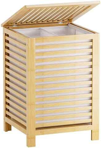 SMIBUY Double Laundry Hamper with Lid, 120L Bamboo Laundry Basket with Removable Liner Bag, 2-Section Clothes Divider Laundry Sorter for Laundry Room, Bathroom, Bedroom (Natural)