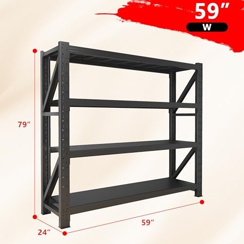5000LBS Garage Shelving Heavy Duty, 59” W Storage Shelves, 4-Tier Adjustable Metal Storage Shelves, Steel Industrial Shelving Unit, Metal Shelving for Garage, Basement, Warehouse (Black, 59x24x79in)