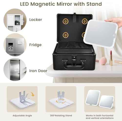 Faquenc Makeup Case with Lighted Vanity Mirror, Makeup Organizer Box Travel Make up Case with LED Mirror Portable Cosmetic Train Case for Countertop Lockable Makeup Suitcase with Adjustable Dividers