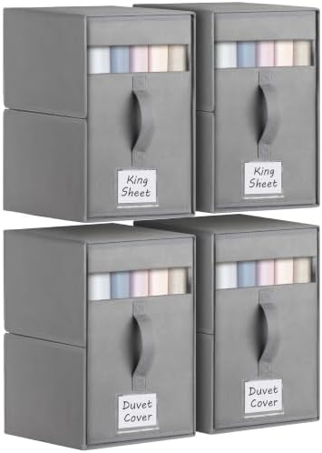 Large Bed Sheet Organizers and Storage for Linen Closet, 4 Pack Grey