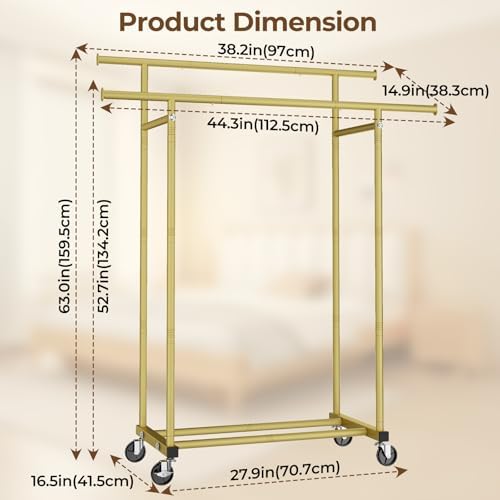 HYSEYY Double Rods Clothes Rack, Sturdy Rolling Clothing Rack, Portable Clothing Racks for Hanging Clothes - Metal Garment Rack Wardrobe Coat Rack for Bedroom Laundry Living Room, Gold