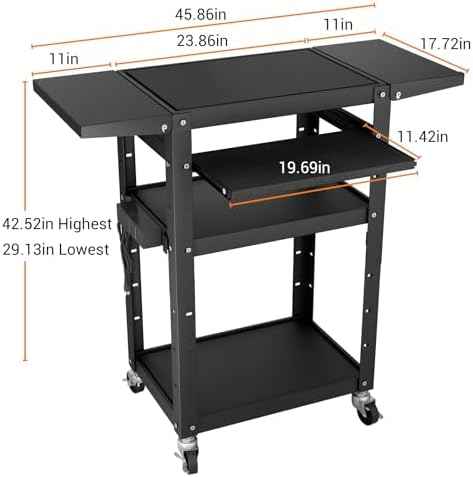 Mobile AV Cart with Pullout Keyboard Tray, Rolling Computer Cart Height Adjustable Rolling Media Utility Cart with 4 Wheels, 4 Outlets, Perfect for Home or Office Us
