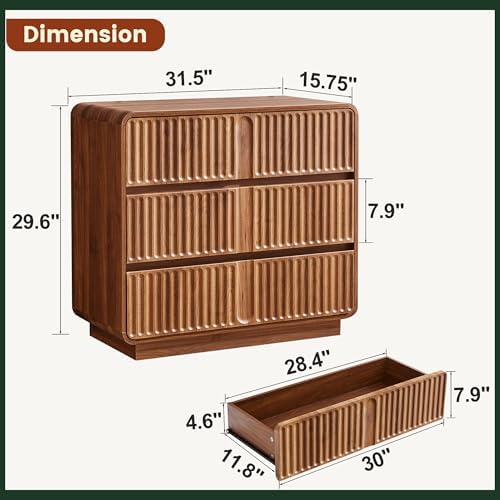 Fluted 3 Drawer Dresser, Walnut, 31.5" Wide, Mid Century Modern