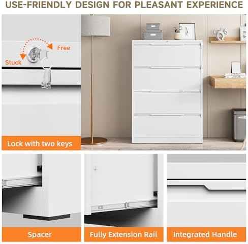 File Cabinet, 4 Drawer Metal File Cabinet with Lock, Lateral File Cabinet for Home and Office, Lateral File Cabinet for A4 Legal/Letter Size, Assembly Required (White, 4 Drawer)