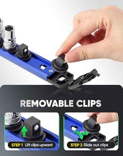 ALOANES Magnetic Socket Organizer Set, 6PC Heavy Duty Aluminum Socket Holder Organizer, 360° Swivel Clips Socket Holder Kit for Toolbox Drawer Fit 1/2, 3/8, 1/4-Inch x 80 Clips (Blue, 6PC)