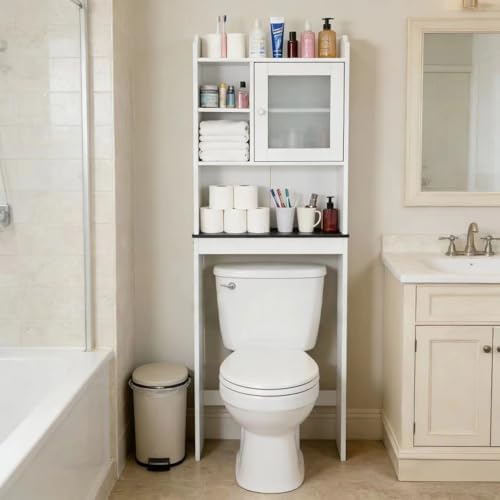 ZENY Over The Toilet Storage Cabinet, Bathroom Organizer with Adjustable Shelf and Double Doors, Freestanding Bathroom Space Saver Toilet Rack (White)