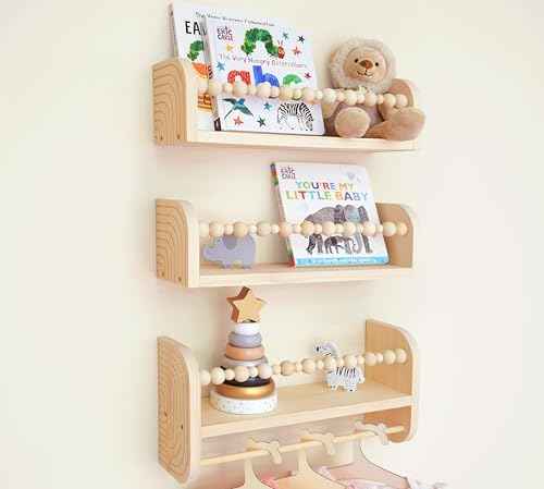 CNK Nursery Floating Book Shelves for Wall Mounted Set of 3 Book Shelf for Kids Room, Toddler Room, Baby Rooms Natural Pine Wood Bookshelf Toy Storage with Rack Playroom Decor