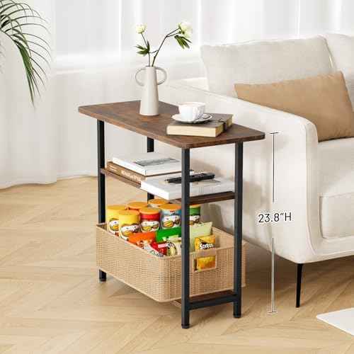 SLEEPING LAMB Side Table for Living Room, 3-Tier End Table for Small Space with Wide Storage Tabletop, Rustic Brown Narrow Nightstand for Bedroom, Sofa Couch