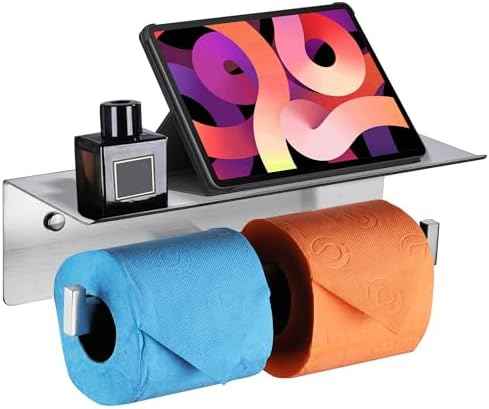 LANC Double Toilet Paper Holder with Shelf, Brushed Nickel Commercial Toilet Tissue Roll Dispenser with Phone Shelf 304 Stainless Steel for Bathroom, Kitchen, Hotel Wall Mounted, A8877BN