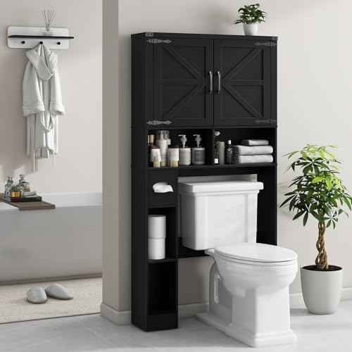 Vabches Over The Toilet Storage Cabinet with 2 Barn Doors, Pure Black