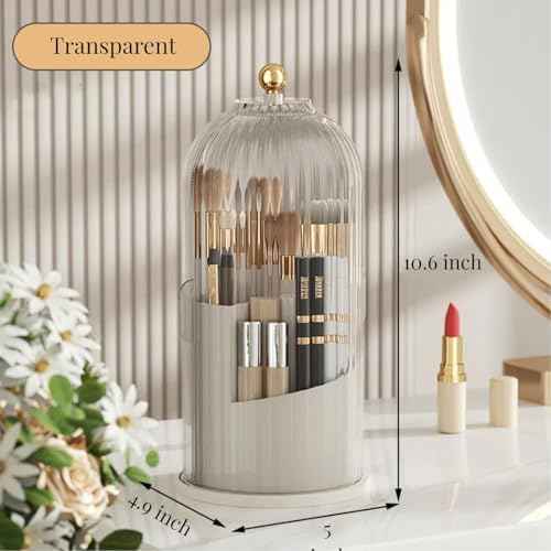 B-H1 Makeup Brush Holder with Dustproof Cover 360 Rotating Makeup Brushes Organizer for Vanity Desktop Bathroom (Transparent)