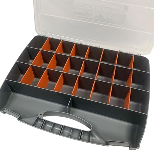 SE Adjustable 26-Compartment Plastic Storage Box - 18x12x3 Inch Organizer with Triple Lock, Translucent Lid, and Sturdy Handle - Ideal for Tools, Crafts, and Small Parts -
