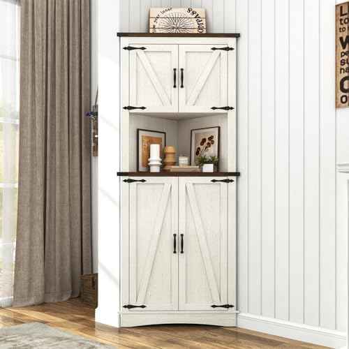 Hlivelood 68" Tall Farmhouse Corner Cabinet, 5-Tier Large Storage Cabinet with 4 Barn Doors & Adjustable Shelves, Bathroom Cabinets with Storage for Living Room, Kitchen, Bathroom, Rustic White