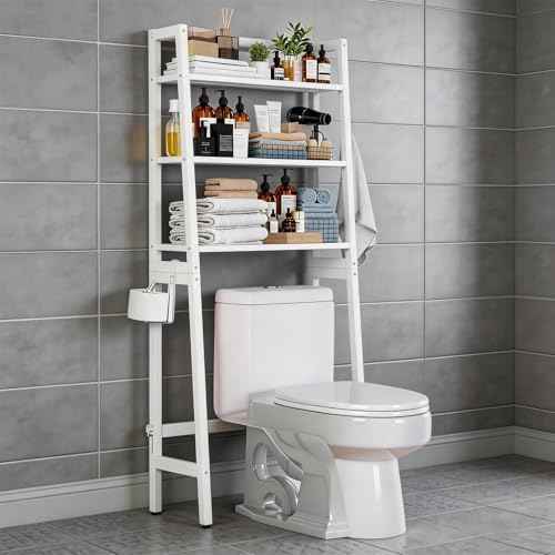 Over The Toilet Storage, Wooden 3-Tier Over-The-Toilet Rack Bathroom Space Saver Organizer, Freestanding Above Toilet with Toilet Paper Holder and Hooks (White)