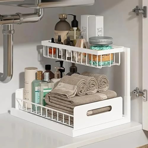 Under Sink Organizer with Sliding Drawer, Pull Out Wire Basket for Kitchen or Bathroom Cabinet Storage Under Sink Organizer Pull Out Wire Basket Sliding Drawer