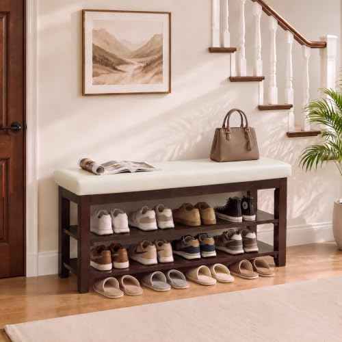 40" Solid Wood Shoe Storage Bench, 2 Tier Shoe Rack for Entryway, Beige