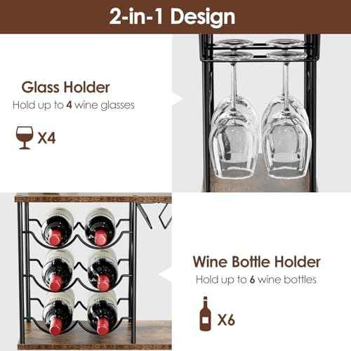 Nuovoware Wine Racks Countertop, Wine Bottle Holder for 6 Bottles & 4 Glasses Holder, Metal Wine Storage Organizer for Kitchen, Bar, Table, Cabinet, Wine Cellar, Wooden
