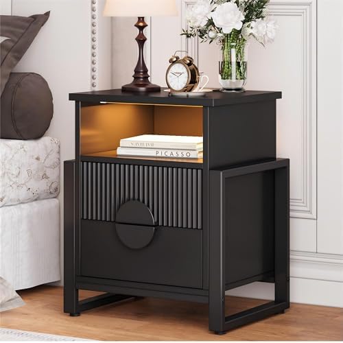 HolliWill Fluted Nightstand Set of 2 with Charging Station and LED Lights, 20" Night Stand with 2 Drawers, Large Bed Side Table with Raising Legs and Curved Profile Design for Bedroom, Black